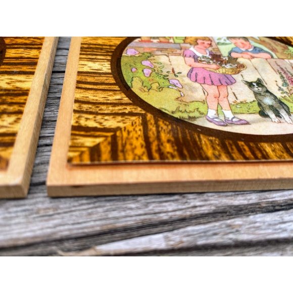 Vintage Wood Plaques Children With Puppy and Kittens - Picture 9 of 10